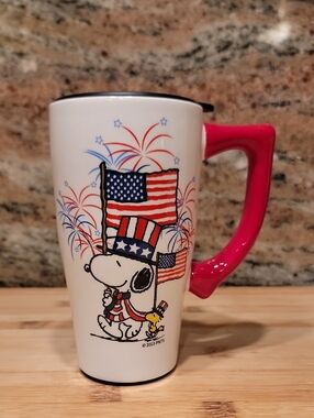 Peanuts Ceramic Snoopy and Woodstock Americana 4th of July Travel Mug